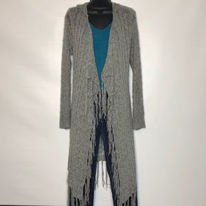 No Boundaries Hooded Gray Fringe Open Cardigan